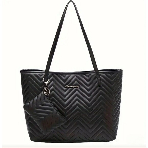 Black Chevron Quilted Tote Bag With Matching Pouch Faux Leather - Picture 1 of 3